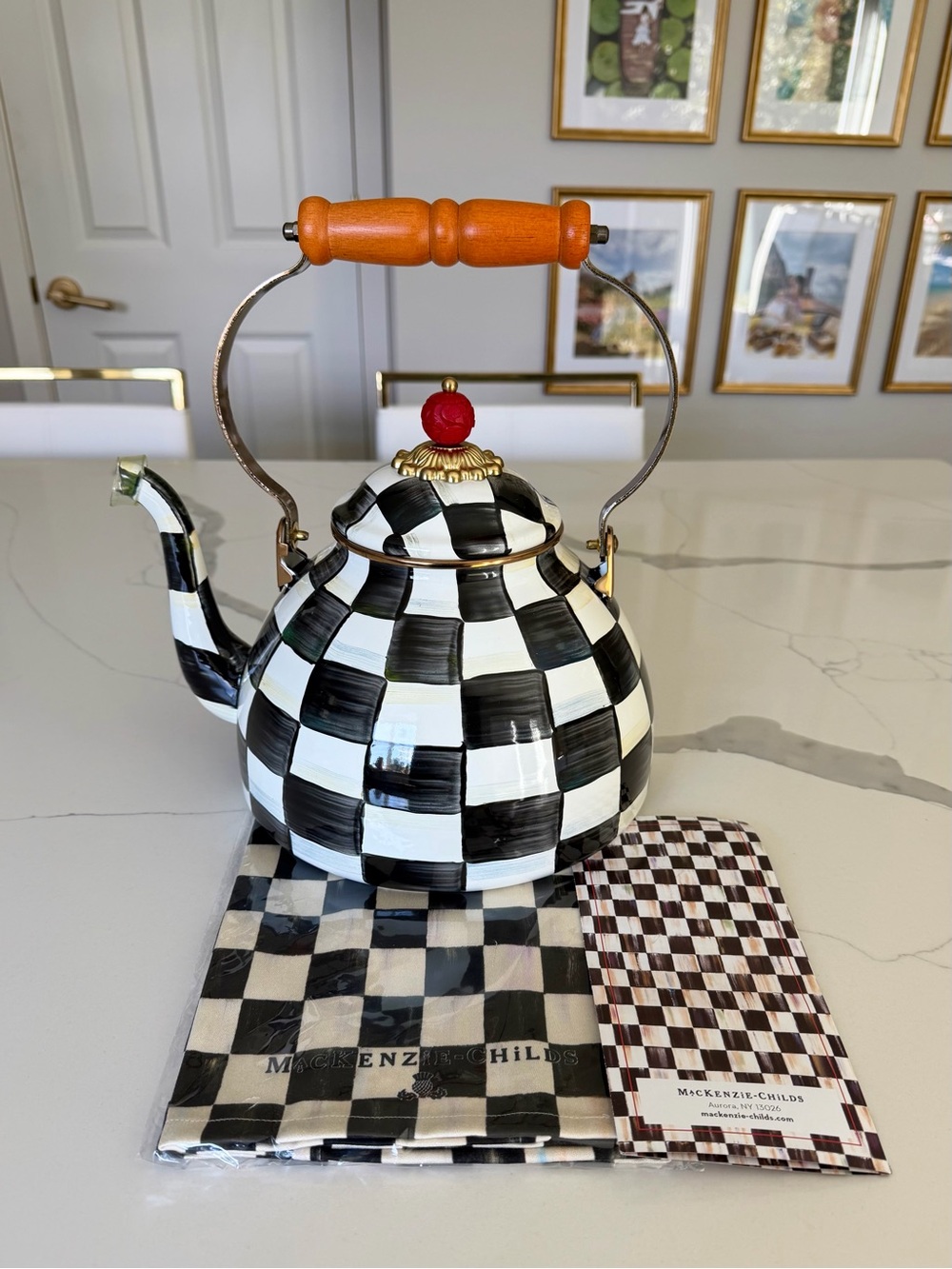 MacKenzie-Childs Courtly Check 3-Quart Tea Kettle & Courtly Check Dish Towel set